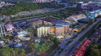 Flygbildsillustration över den nya vattenparken och hotellet på Liseberg.