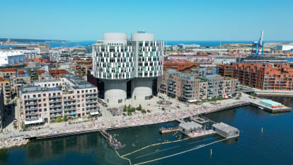 Luftfoto af Portland Towers i Københavns Nordhavn.