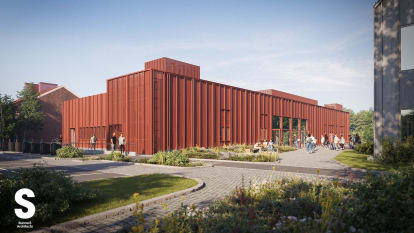 Illustration av skola i Båstad, bestående av flera trähus.