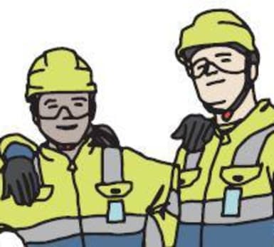 Illustration på tre byggarbetare som håller varandra om ryggen.