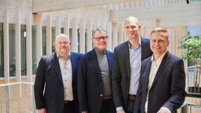 Från vänster: Stefan Ohlsson, vd Strängbetong; Per Lundström, head of purchasing NCC Building Sweden; Mattias Olsson, head of business development & sustainability, Strängbetong och Dick Sjölund, Category Manager NCC.