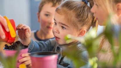 Bild på barn som leker och hanterar små barnvänliga plantor.