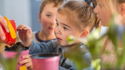 Bild på barn som leker och hanterar små barnvänliga plantor.