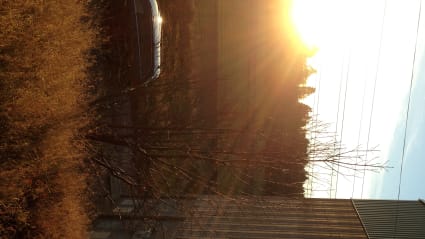 Solgryningen lyser upp Antuna pumpstation och en bil intill, samt naturen i bakgrunden.