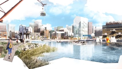 Creative illustration of how the new buildings in Frihamnen, Gothenburg will look like.
