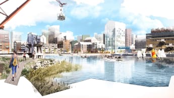 Creative illustration of how the new buildings in Frihamnen, Gothenburg will look like.