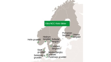 Bilden visar en karta av täkter i Norge, Finland, Sverige och Danmark.