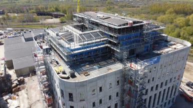 Drönarbild som visar byggprojekt av ett häkte i Kristianstad.