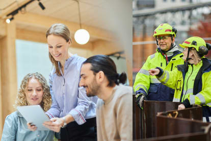 Two persons looking at a 3D sketch on a screen, with one of them pointing towards it.