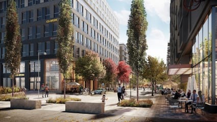 Illustration of a new plaza at the Järva Krog development in Solna.