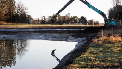 En grävmaskin vars skopa speglar sig i dammvattnet, med natur i bakgrunden.