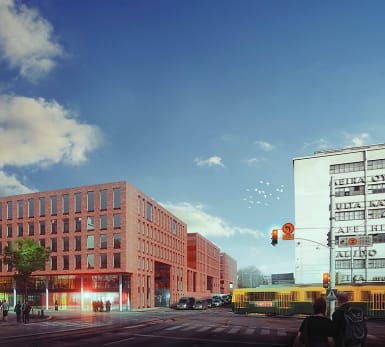 Illustration of the Vallila quarters in Helsinki, Finland. Visible are rows of modernist houses in brown and white colours, with trams and cars passing by on the street.