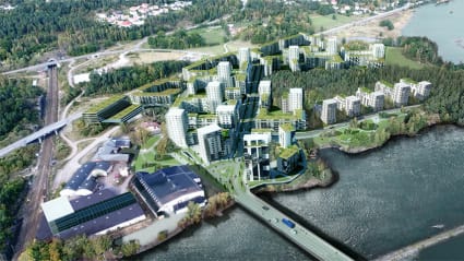 Illustration i form av flygliknande foto över stadsdelen Vårvik, Trollhättan.