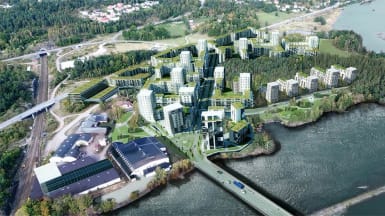 Illustration i form av flygliknande foto över stadsdelen Vårvik, Trollhättan.