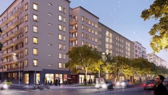 Illustration på kvarteret i kvällsgryning, med livlig trafik på gatorna.