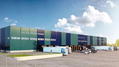 Illustration of the Lyckobrunnen warehouse in Upplands-Bro, Sweden.