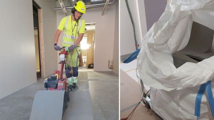 Montage: till vänster en medarbetare som river upp linoleum på ett golv. Till höger en påse med insamlat linoleum.