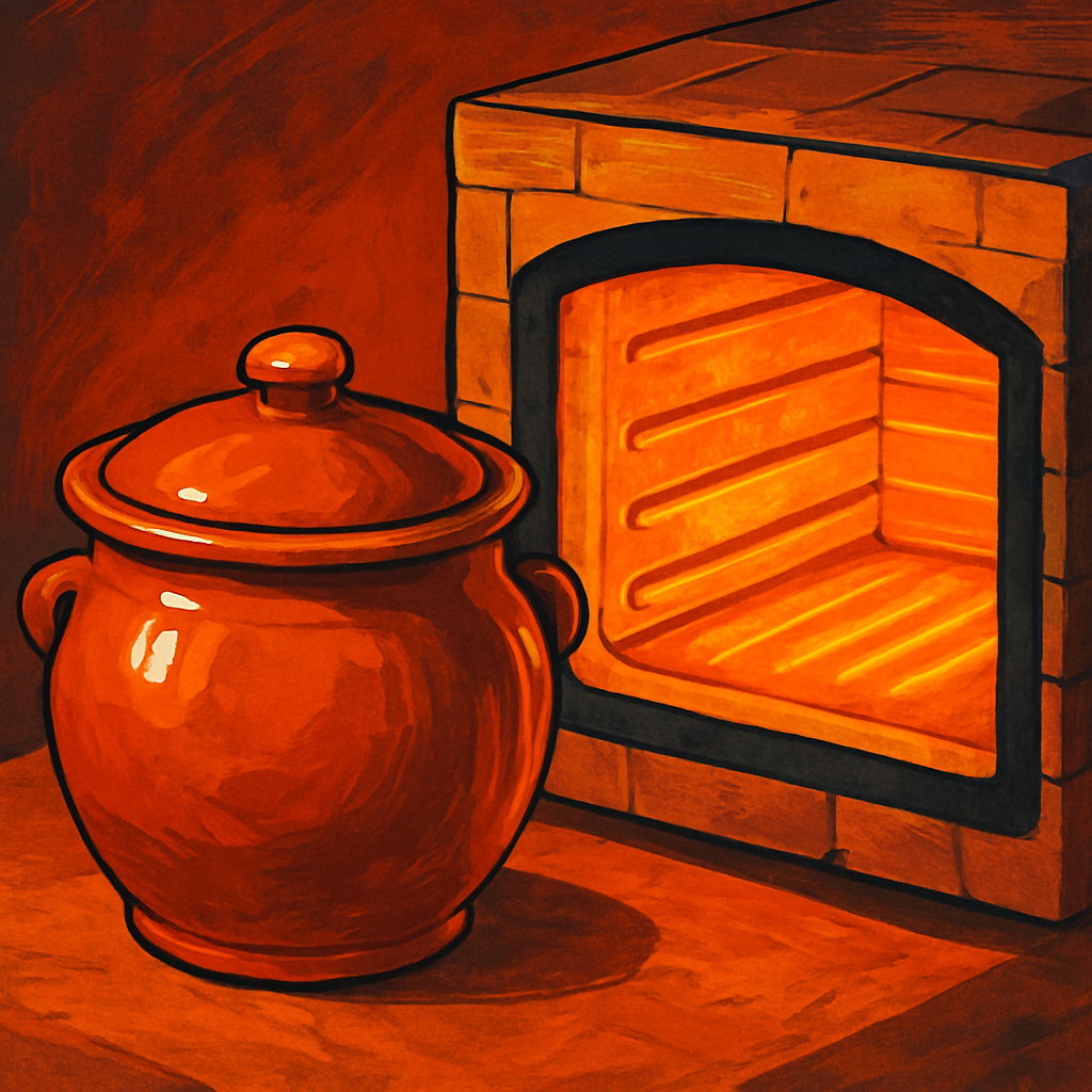 A glazed terra cotta cooking pot sitting next to an open kiln with glowing heating elements, showing the glossy surface coating on the clay.