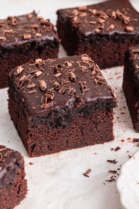 Moist Chocolate Cake Square topped with Frosting and Sprinkles