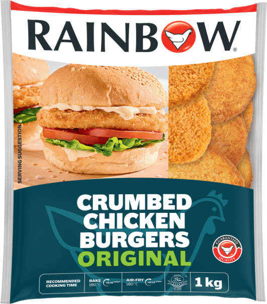 Rainbow Frozen Crumbed Chicken Burgers Original 1kg