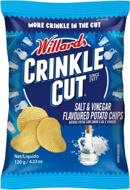 Willards Crinkle Cut Salt & Vinegar Flavoured Potato Chips 120g (Best Before June 2026)