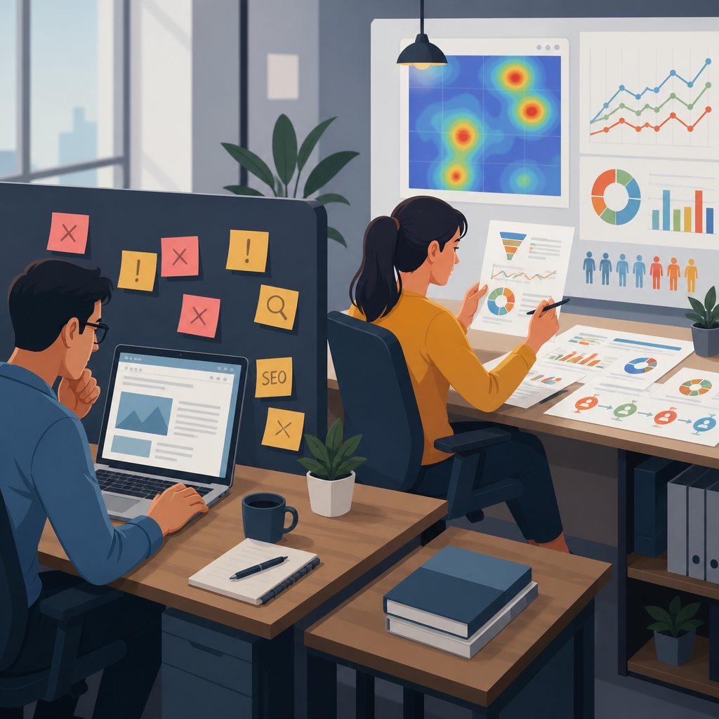 Two people in an office, one checking website errors, the other analyzing user data and charts.