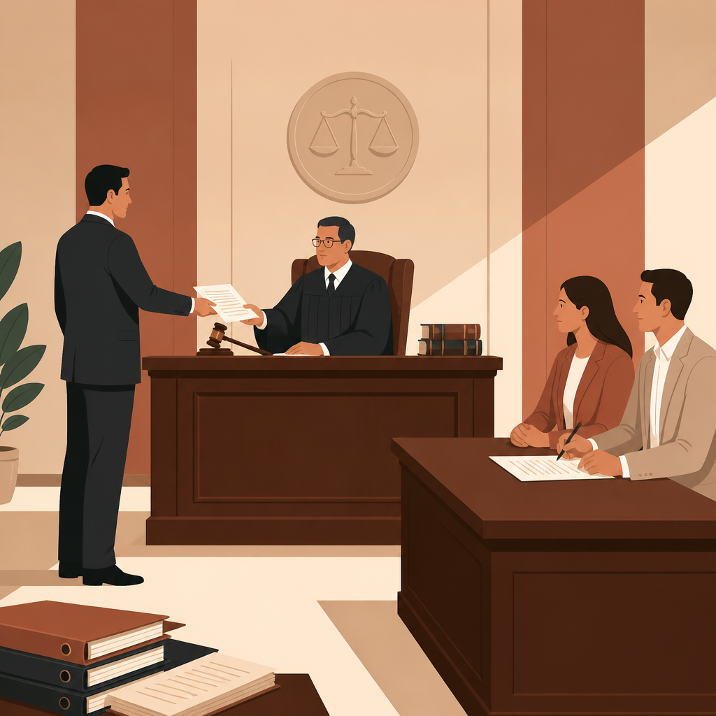 Adults in court: one alone with documents, another pair together with agreement papers before a judge.