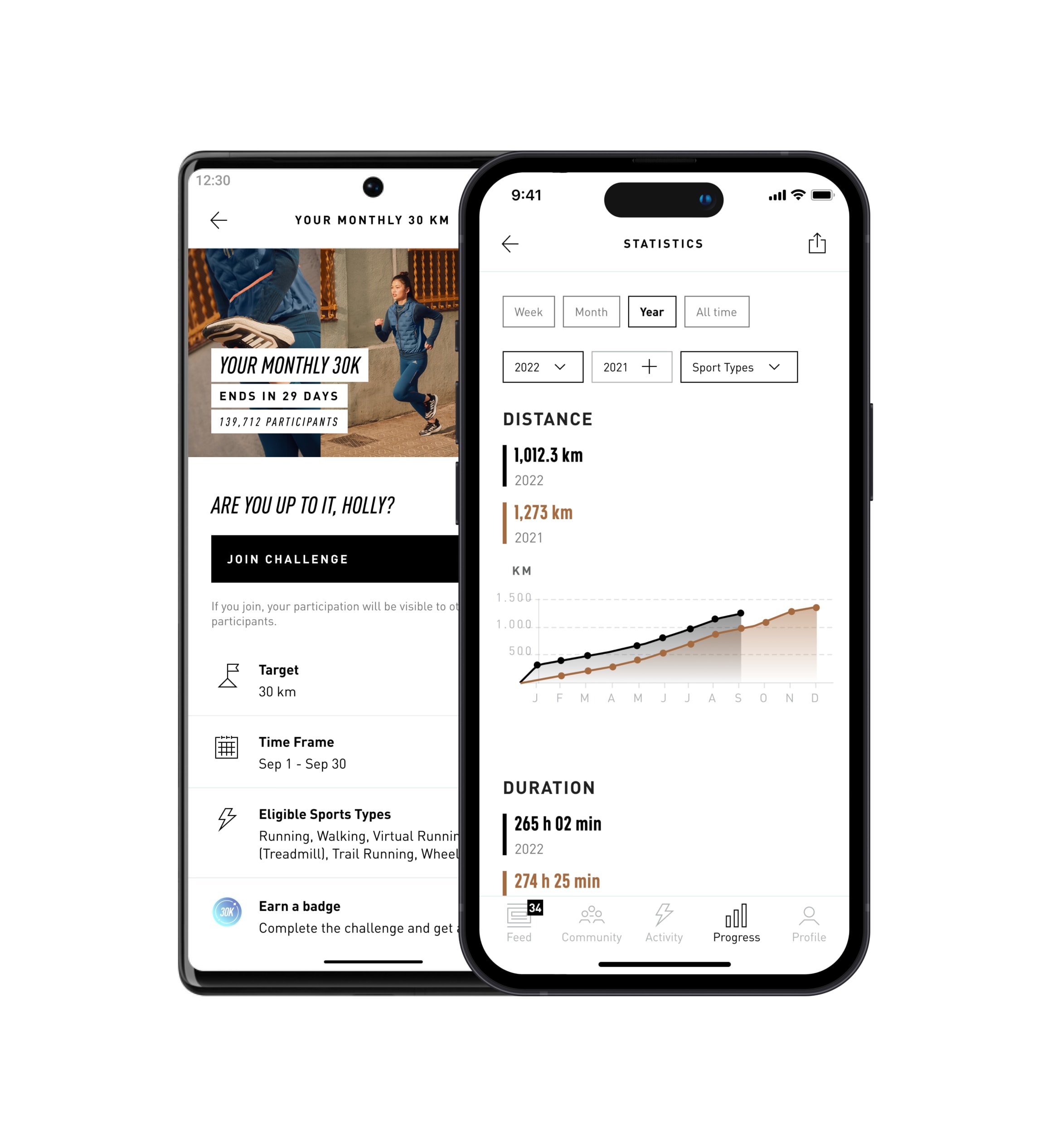 Two smartphones displaying the running app with a challenge, including distance, target, dates