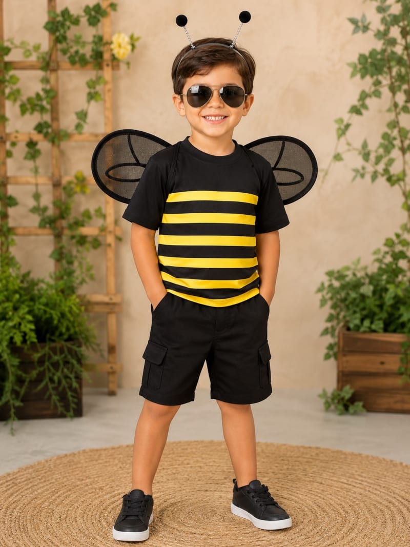 Menino com fantasia de zangão, camiseta listrada e asas