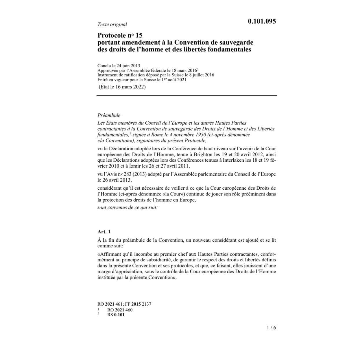 Prot. 15 24.6.13 Conv. droits l'homme