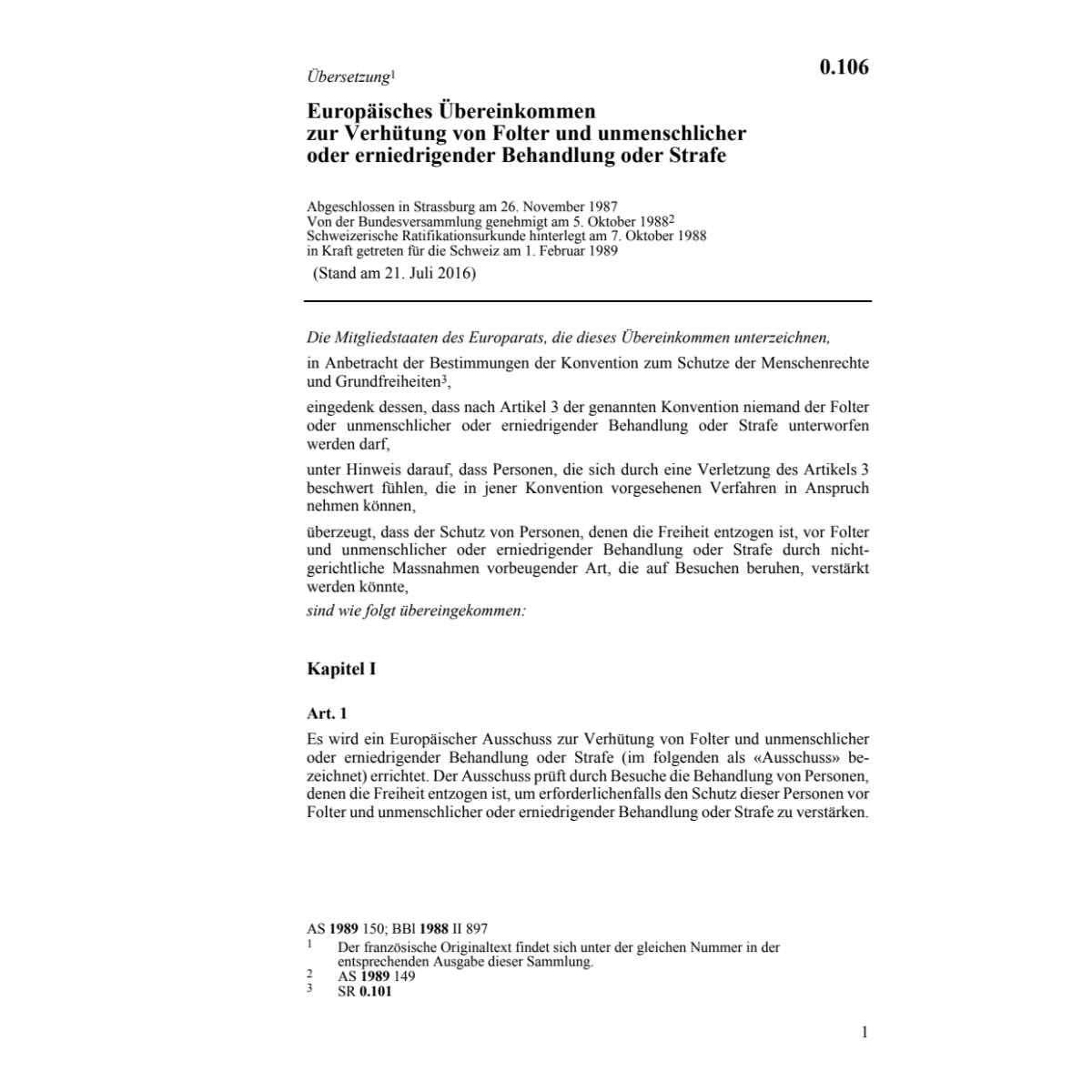 Europäisches Uebereink. Verhütung Folter