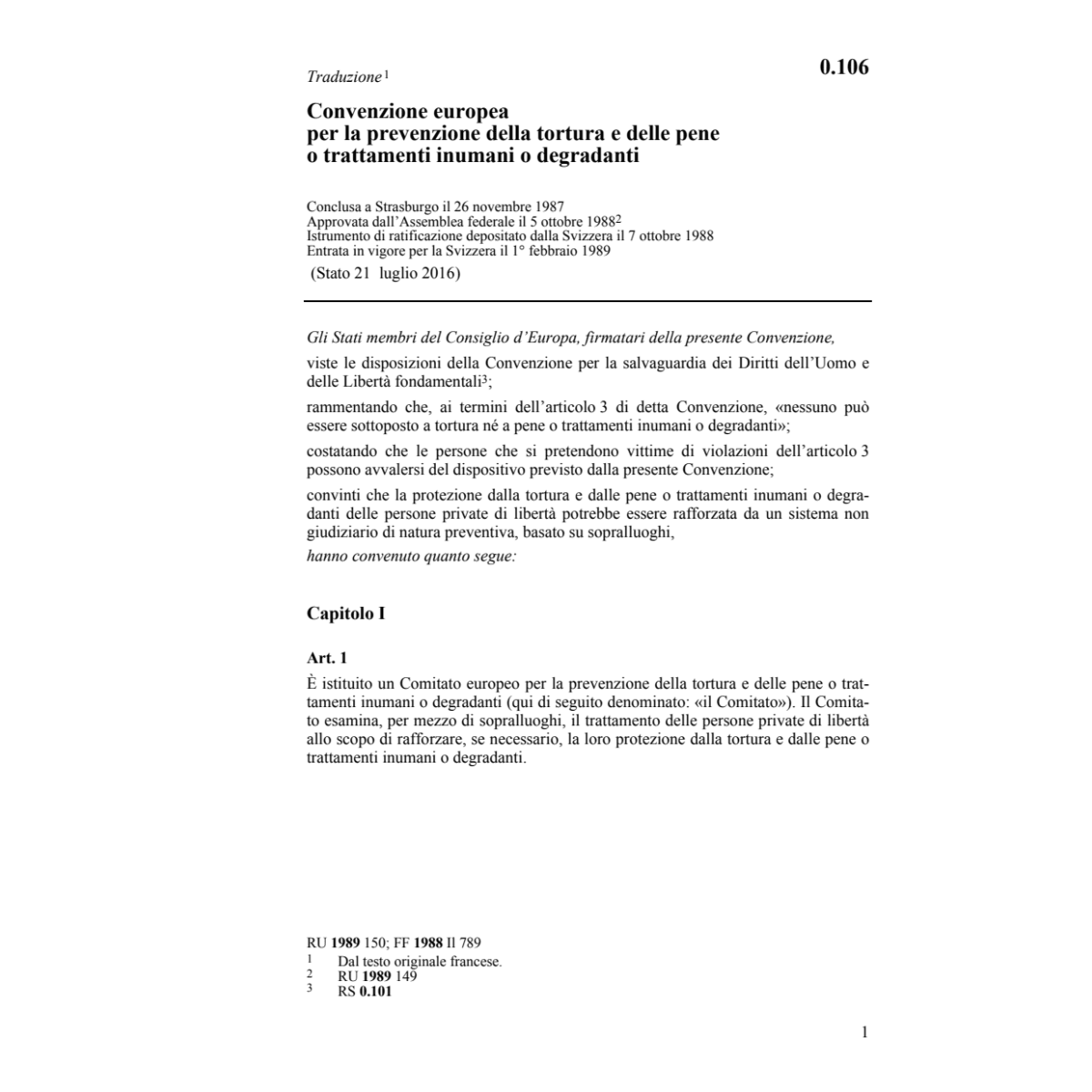 Conv. europ. prevenzione della tortura