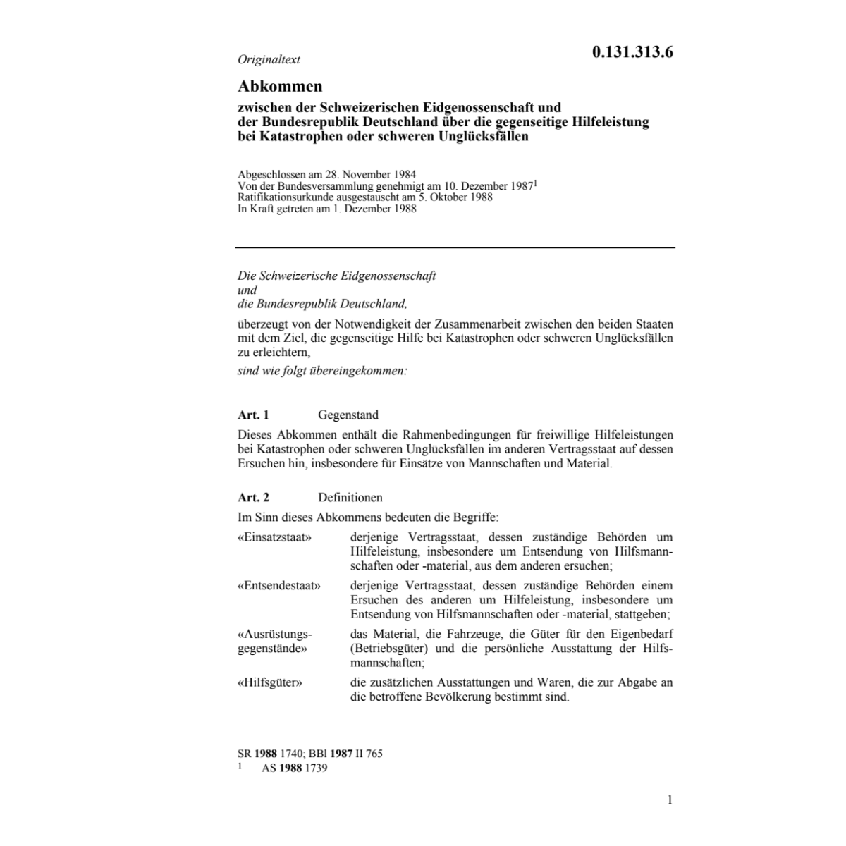 Abkommen CH-D Hilfeleistung Katastrophen