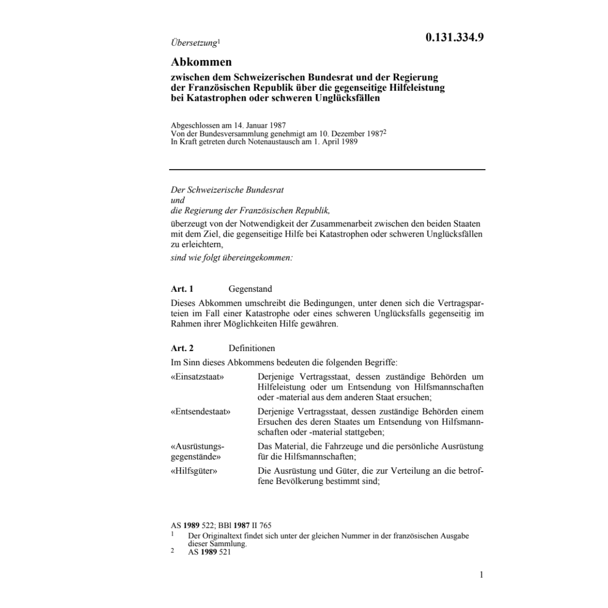 Abkommen CH-F Hilfeleistung Katastrophen