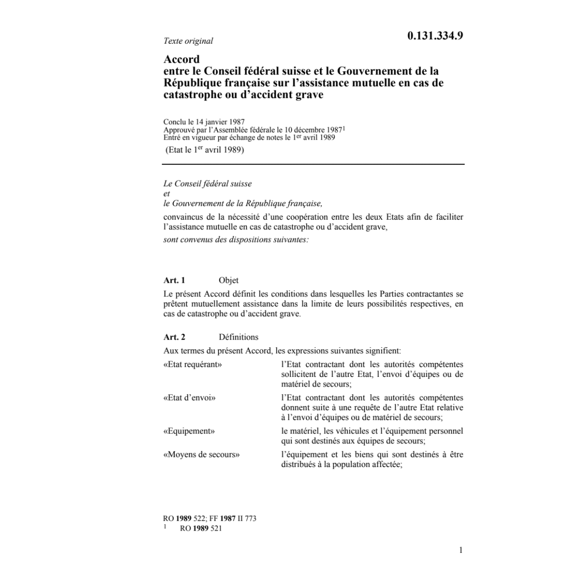 Ac. CH/F assistance en cas catastrophe