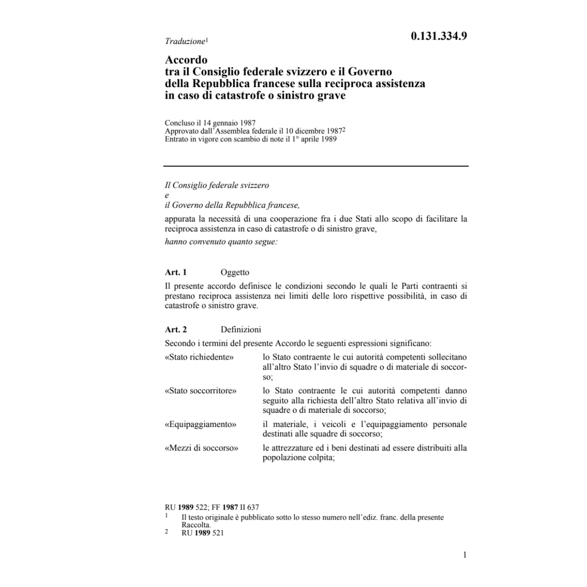 Acc. CH/F assistenza caso di catastrofe