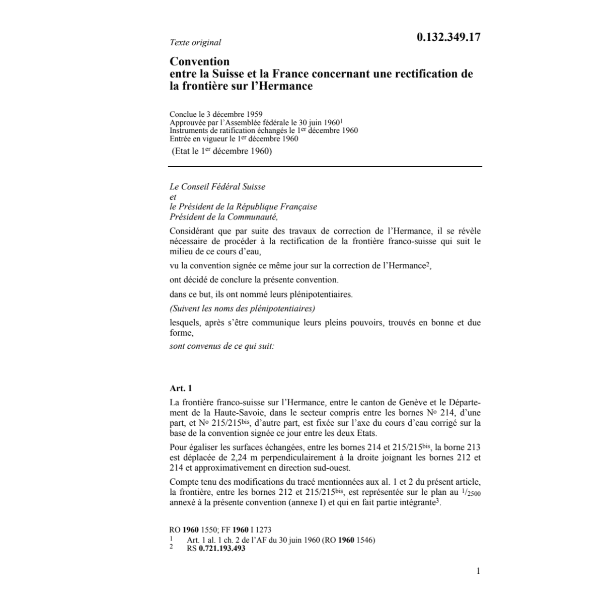 Conv. CH/F rectific. frontière Hermance