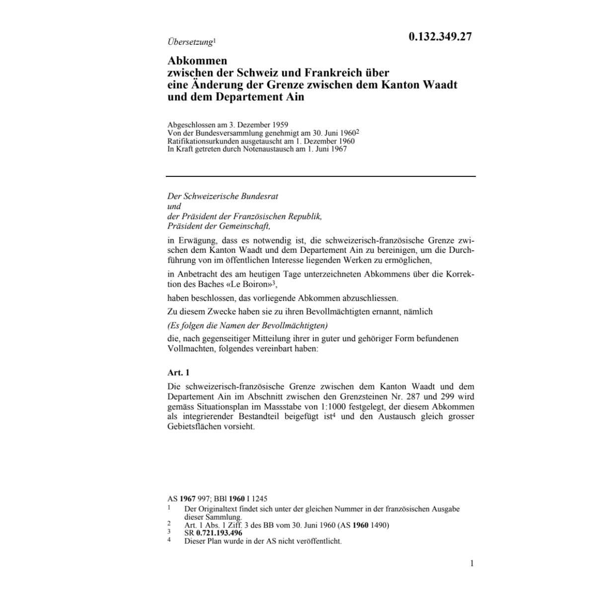 Abk. CH/F änderung Grenze Kt. Waadt/Ain