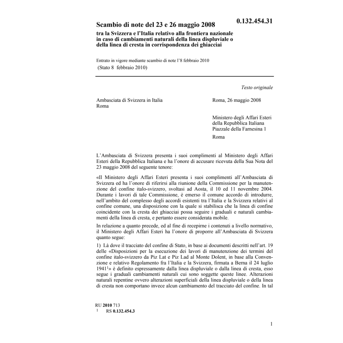 Scambio di note CH-I linea displuviale