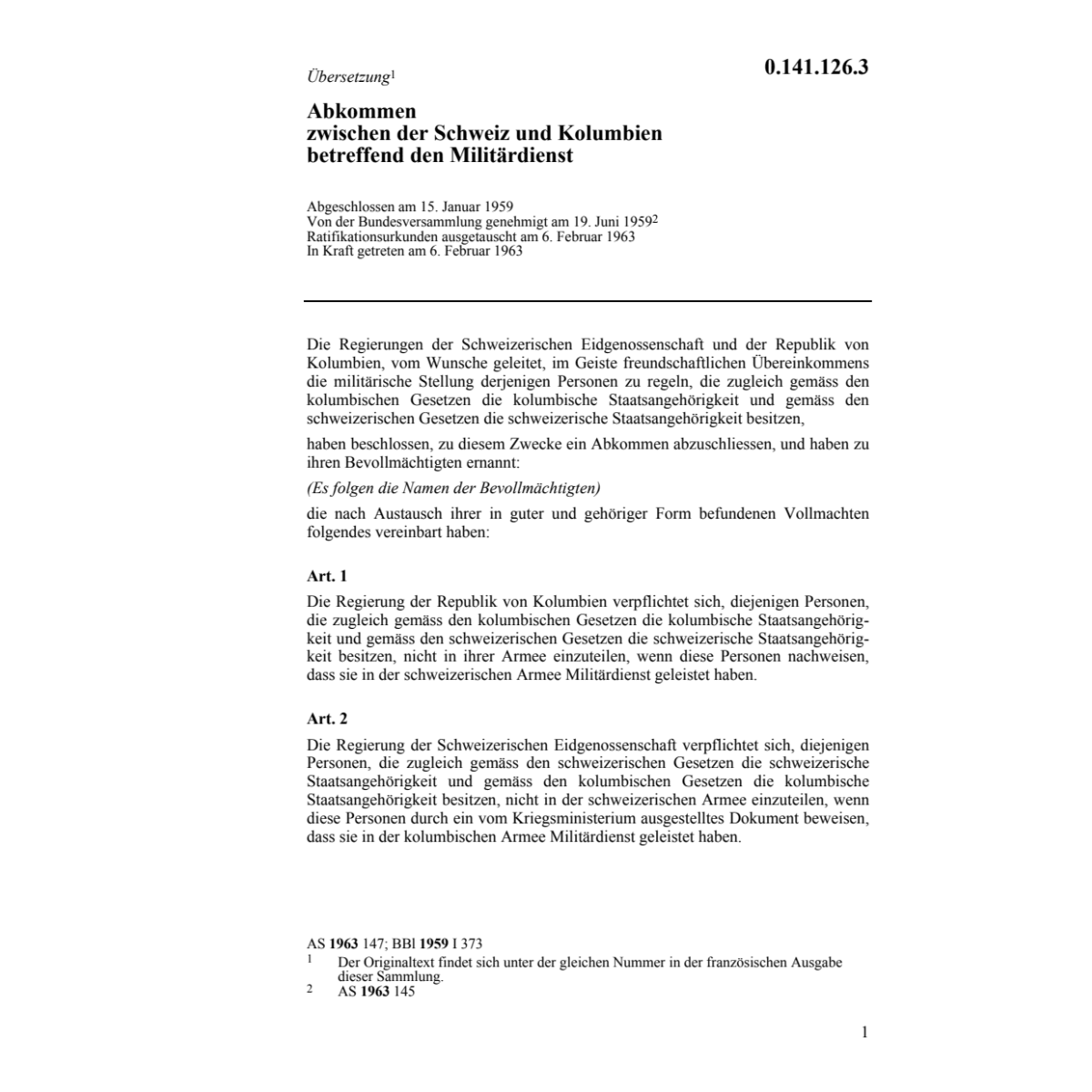 Abk. CH/Kolumbien Militärdienst