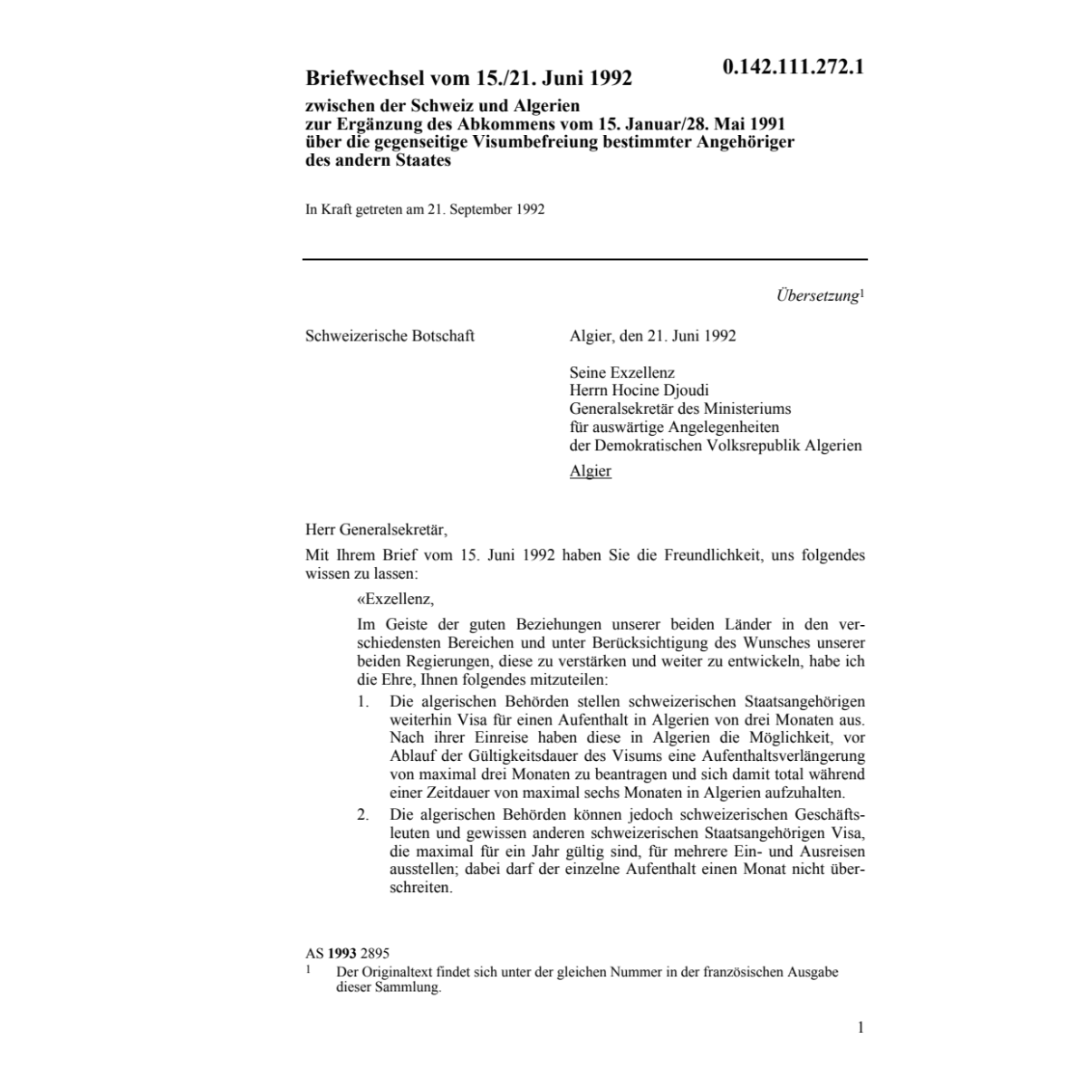 Briefwechsel CH/Alg. Visumbefreiung