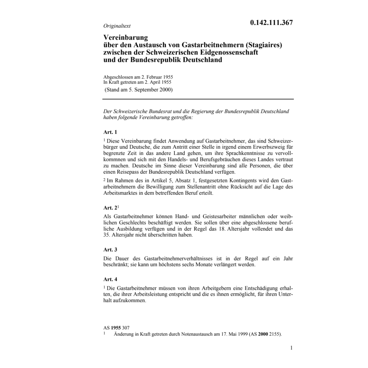 Vereinb.CH/D Gastarbeitnehmer Stagiaires
