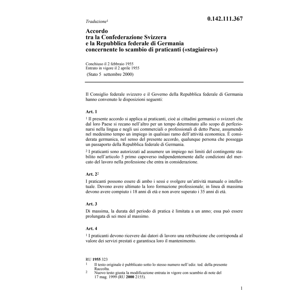Acc. CH/D scambio di praticanti stagiair