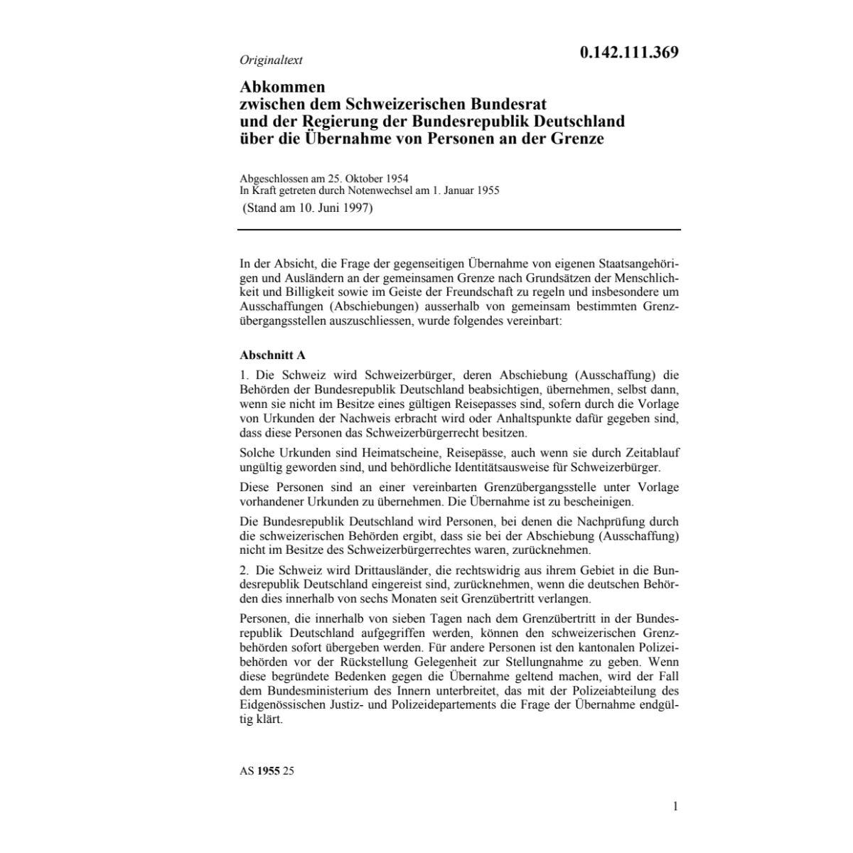 Abk. CH/D Uebernahme Personen Grenze