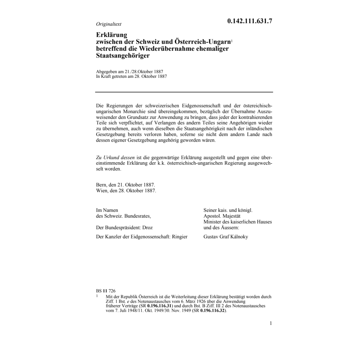Erkl. CH/Oesterreich-Ungarn Wiederübern.