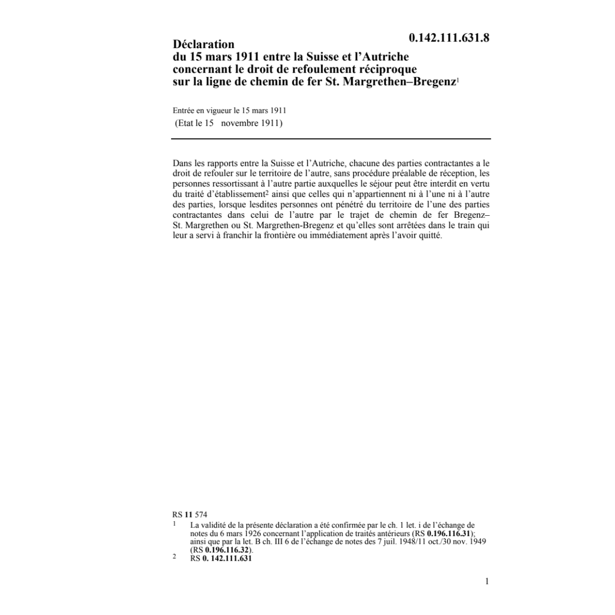 Décl. CH/A droit de refoulement récipr.