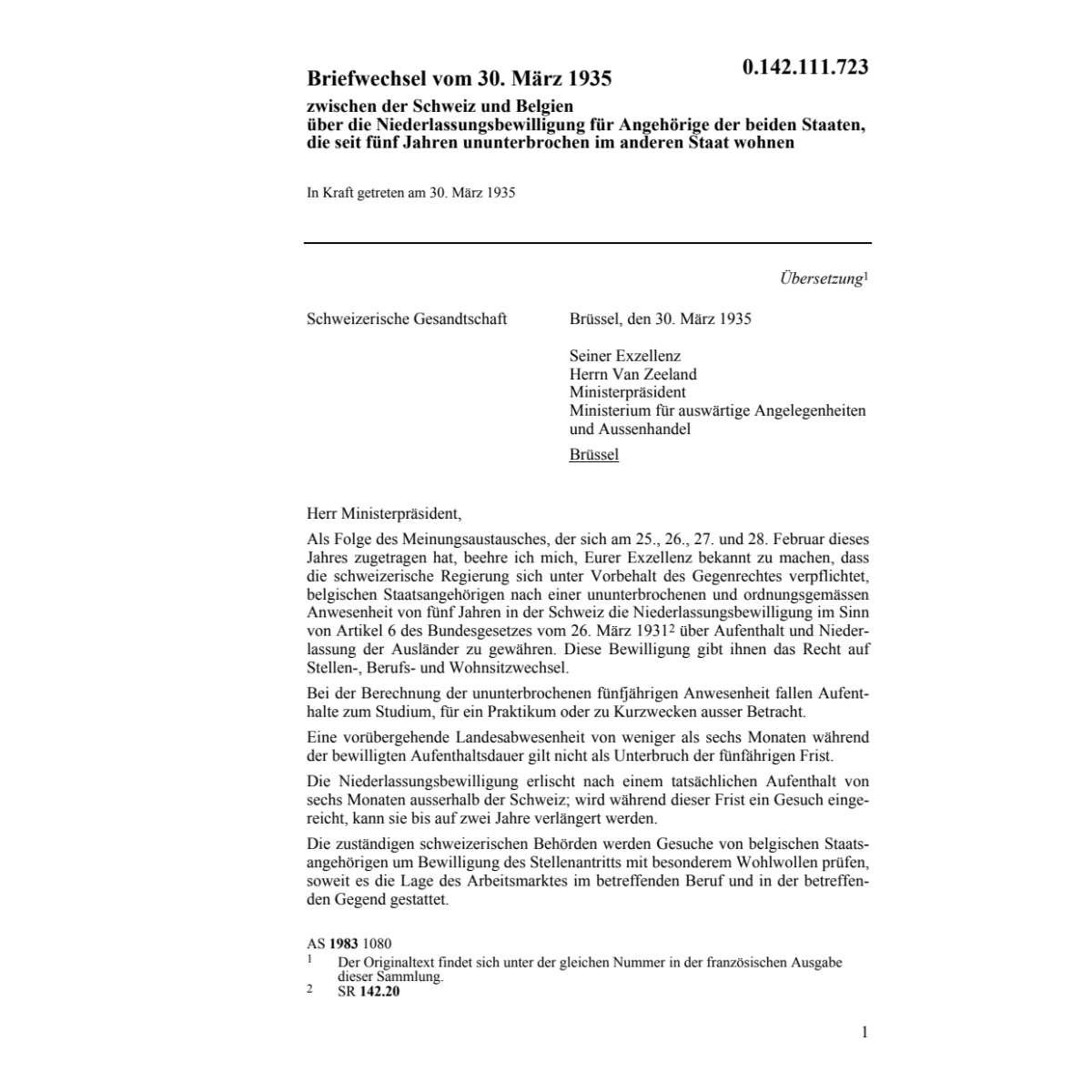 Briefwechsel CH/Belgien Niederlassung