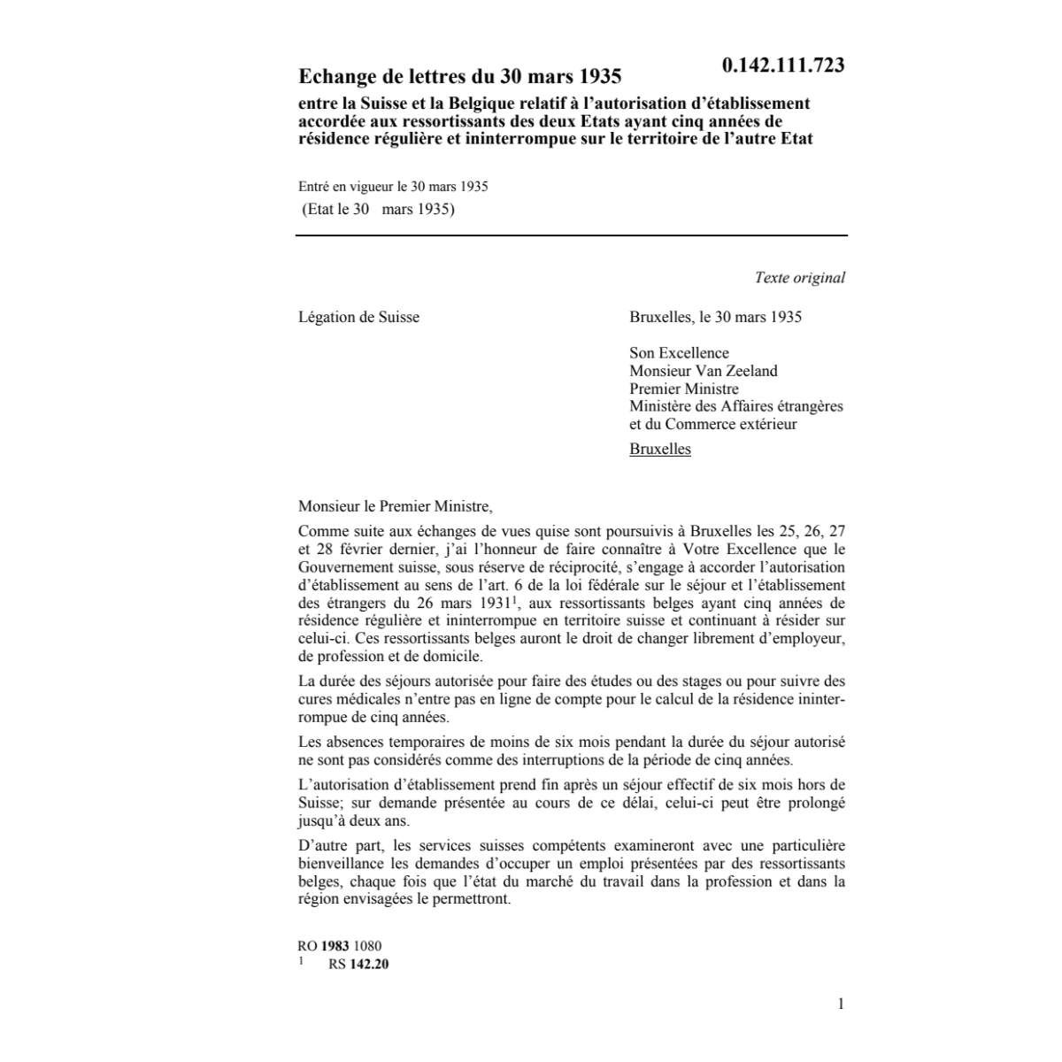 Echange de lettres CH/B établissement