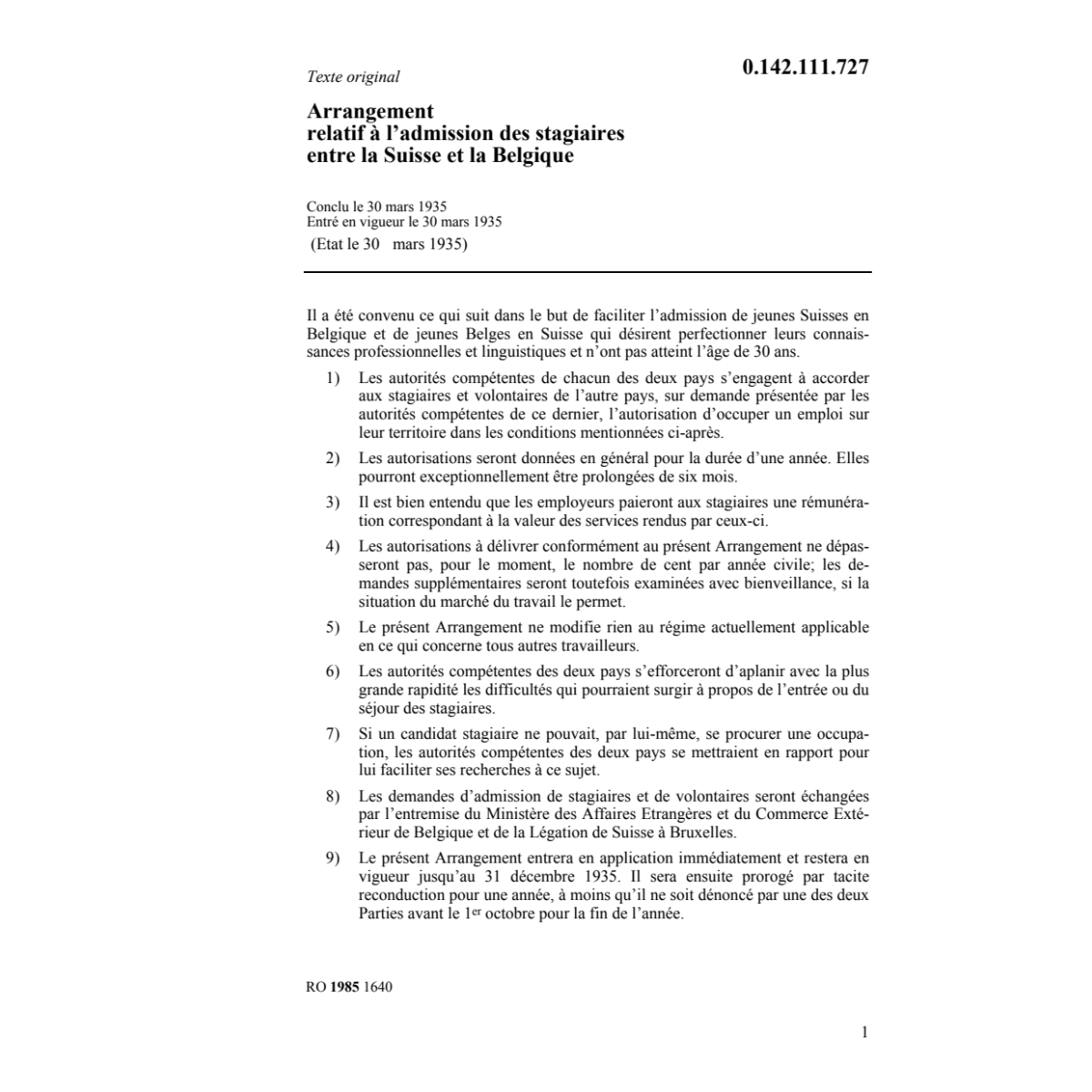 Ar. admission stagiaires Suisse Belgique