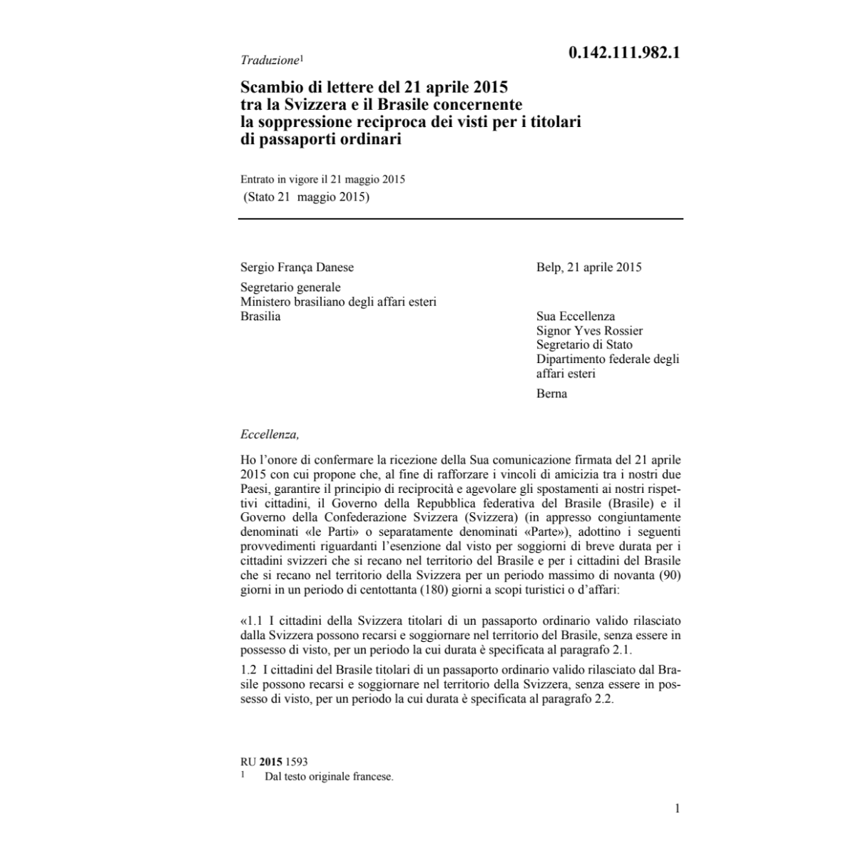 Scambio lettere CH-BR reciproca visti